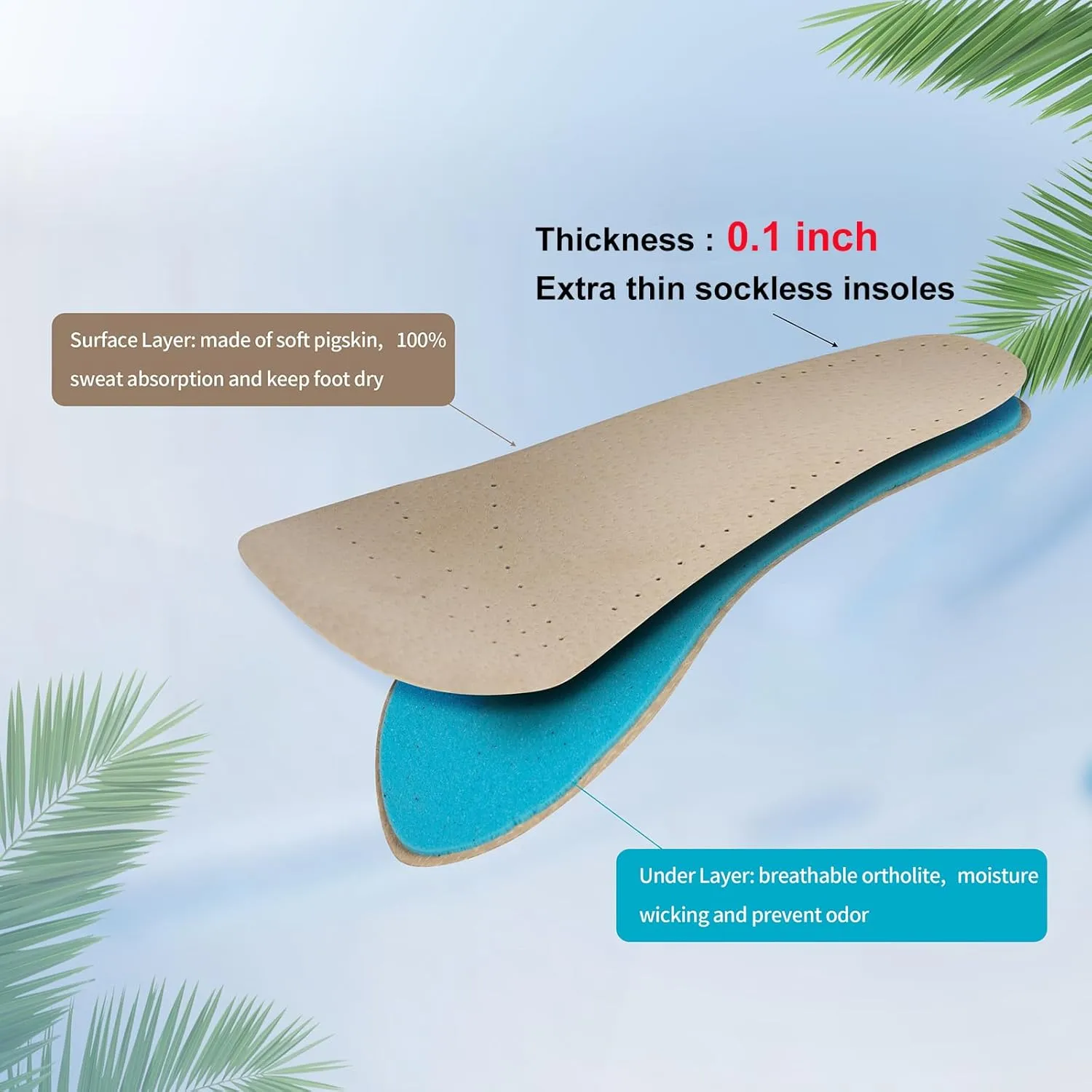 2 Pairs Pigskin Sockless Insoles|Barefoot Cushion Pads|Absorbs Sweat & Controls Odor|Wear Without Socks|Extra Thin Dress Shoes Inserts Women for High Heels Flats Sneakers Large 10-12 Size