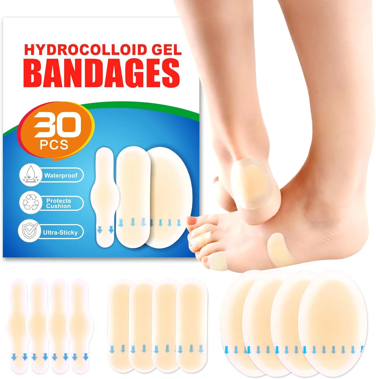 30pcs Hydrocolloid Blister Bandages - Waterproof Blister Bandages for Feet, Heels & Toes - Heel Blister Prevention & Recovery, Blister Pads