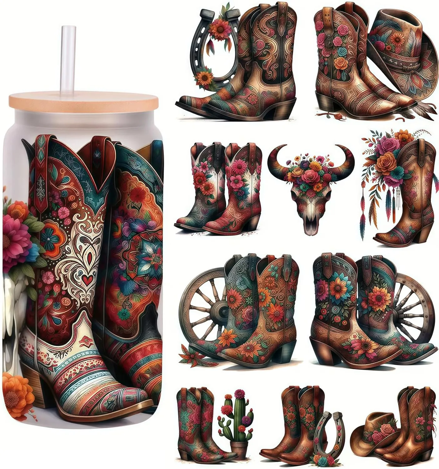 5pcs Western Cowboy Boots & Turtle UV DTF Cup Wraps Winter UV DTF Transfer Sticker for Glass Cups Furniture Craft DIY Crafts，Rub on Transfer Stickers for DIY Water Bottle Laptop Decal Wood Car