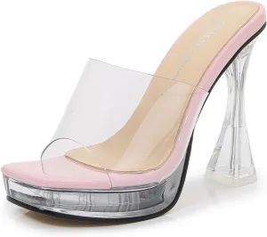 Aflngle Women's Clear Heels Sandals Square Transparent Stiletto Heel Slippers Backless Peep Toe Slip on Heeled Mules Wedding Prom Dress Shoes