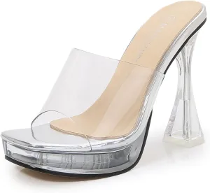 Aflngle Women's Clear Heels Sandals Square Transparent Stiletto Heel Slippers Backless Peep Toe Slip on Heeled Mules Wedding Prom Dress Shoes