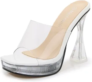 Aflngle Women's Clear Heels Sandals Square Transparent Stiletto Heel Slippers Backless Peep Toe Slip on Heeled Mules Wedding Prom Dress Shoes