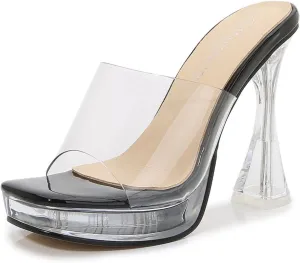 Aflngle Women's Clear Heels Sandals Square Transparent Stiletto Heel Slippers Backless Peep Toe Slip on Heeled Mules Wedding Prom Dress Shoes