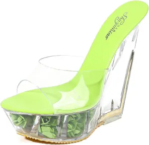 Aflngle Women's Clear Heels Sandals Wedge Transparent crystals Heel Slippers pointed Backless Peep Toe Slip on Heeled Mules Wedding Prom Dress Shoes