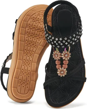 Alicegana Sandals for Women 2025 Dressy - Comfort Bohemian Summer Flats Ankle Elastic Strap Casual Walking Beach Shoes
