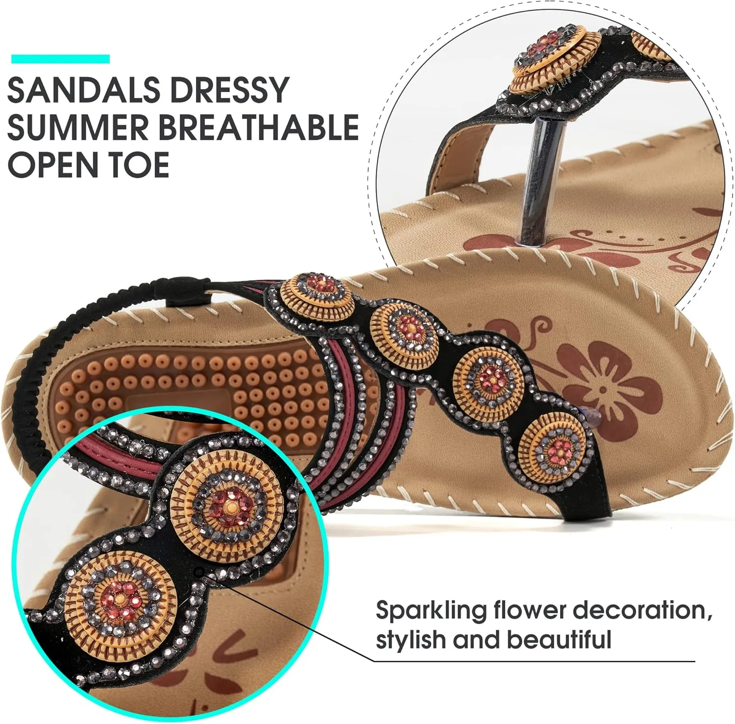 Almusen Sandals for Women Dressy Flat: Comfortable Toe Ring Bohemian Beaded Summer Shoes Orthopedic Elastic Ankle Strap Beach sandal