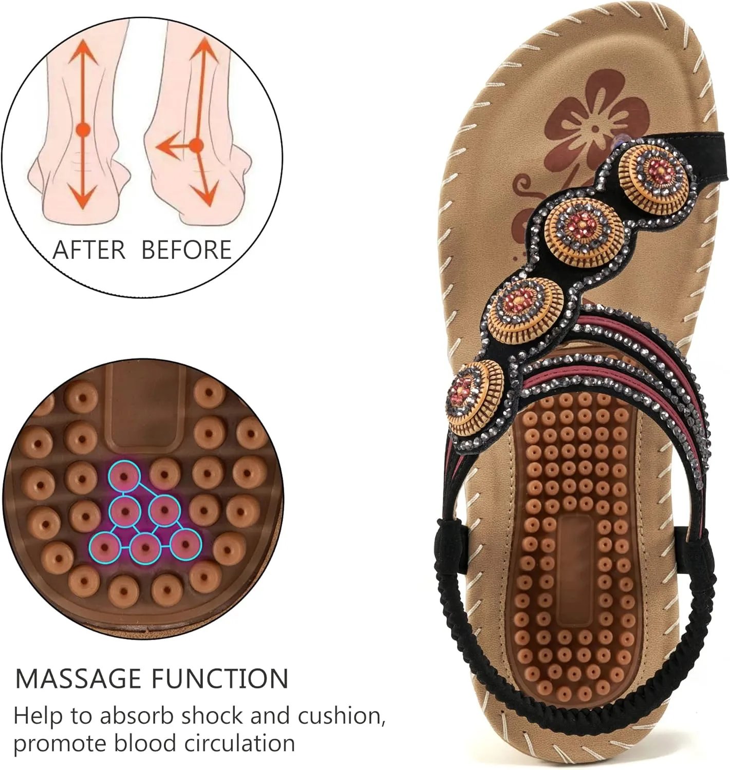 Almusen Sandals for Women Dressy Flat: Comfortable Toe Ring Bohemian Beaded Summer Shoes Orthopedic Elastic Ankle Strap Beach sandal