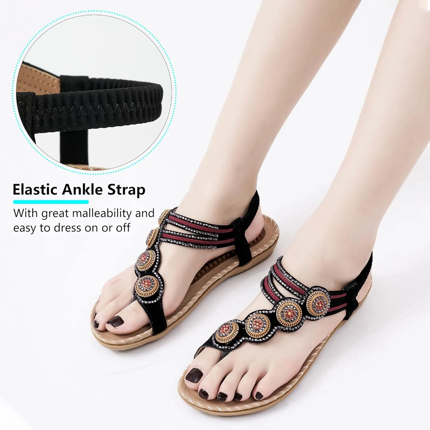 Almusen Sandals for Women Dressy Flat: Comfortable Toe Ring Bohemian Beaded Summer Shoes Orthopedic Elastic Ankle Strap Beach sandal