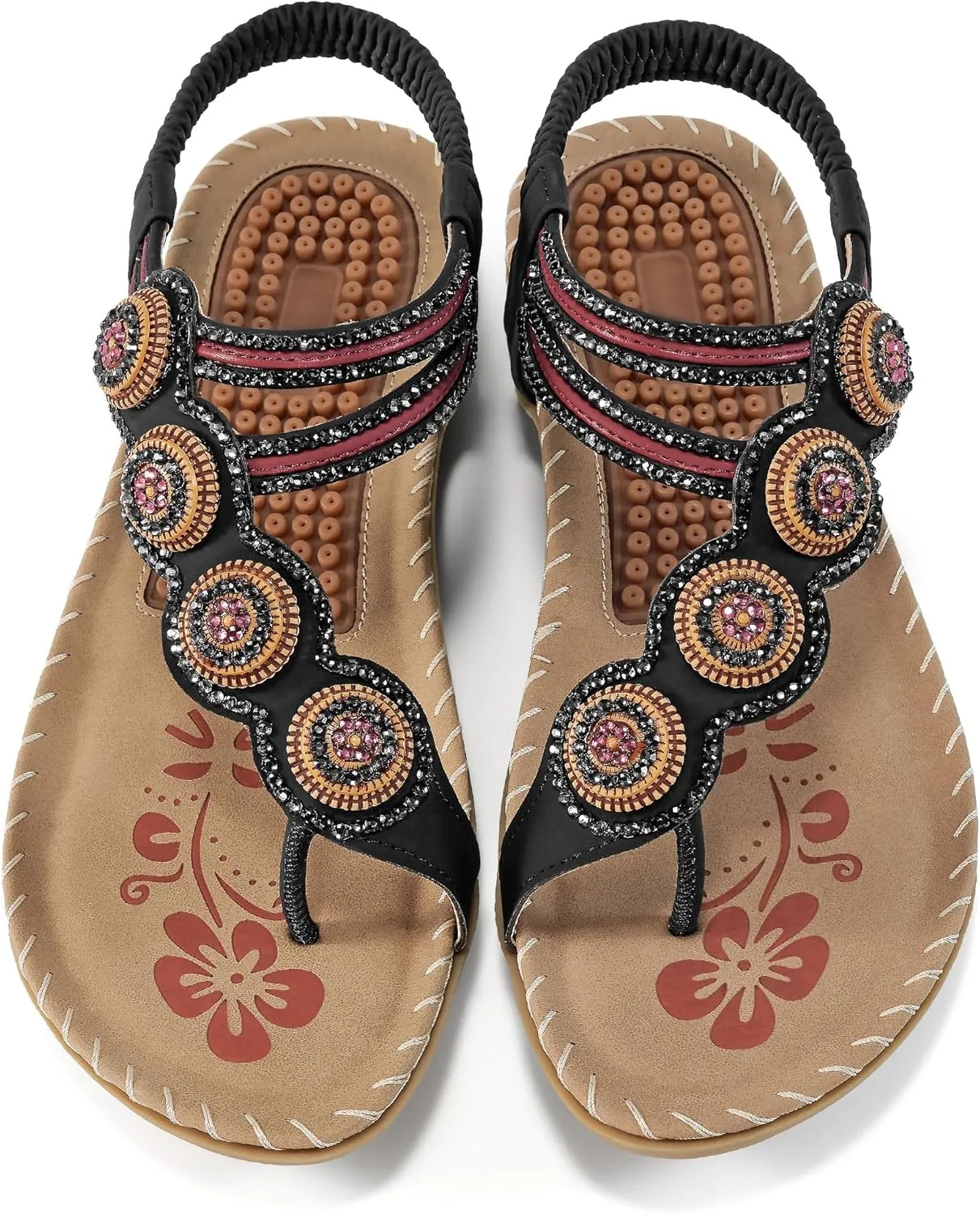 Almusen Sandals for Women Dressy Flat: Comfortable Toe Ring Bohemian Beaded Summer Shoes Orthopedic Elastic Ankle Strap Beach sandal