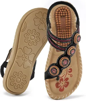 Almusen Sandals for Women Dressy Flat: Comfortable Toe Ring Bohemian Beaded Summer Shoes Orthopedic Elastic Ankle Strap Beach sandal