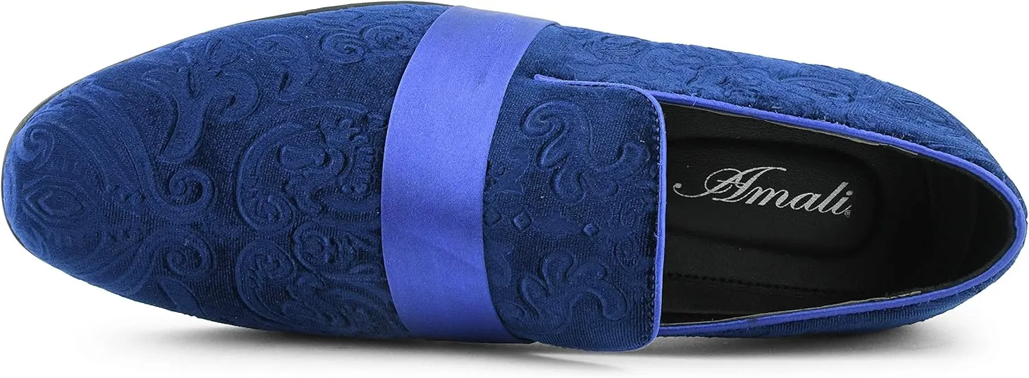 Amali King - Men's Slippers - Mens Loafers - Designer Shoes for Men - Tuxedo Shoes - Velvet Loafers Men - Embossed Paisley Pattern, Satin Band and Trim