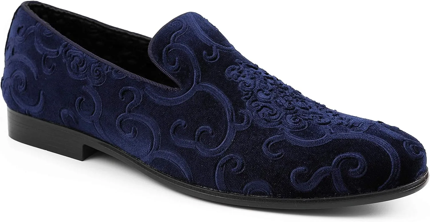 Amali King - Men's Slippers - Mens Loafers - Designer Shoes for Men - Tuxedo Shoes - Velvet Loafers Men - Embossed Paisley Pattern, Satin Band and Trim