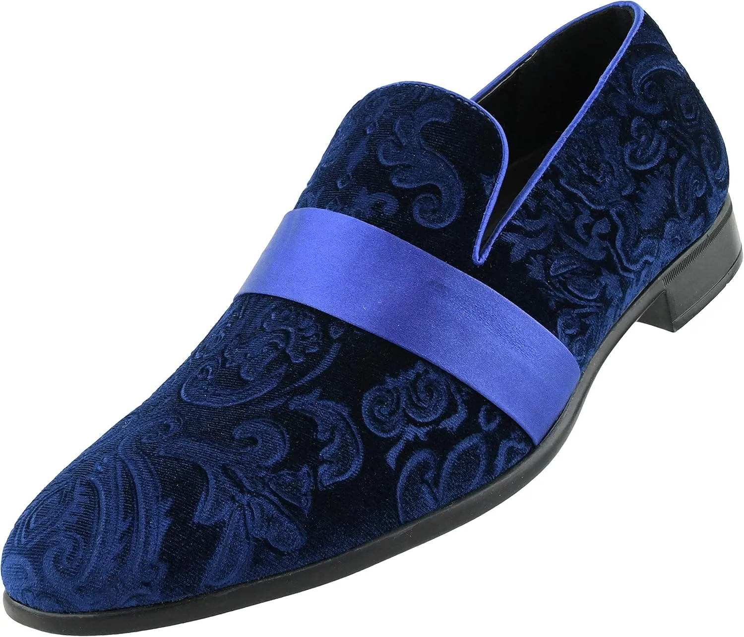Amali King - Men's Slippers - Mens Loafers - Designer Shoes for Men - Tuxedo Shoes - Velvet Loafers Men - Embossed Paisley Pattern, Satin Band and Trim