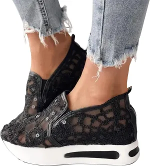 AMDBEL Platform Fashion Sneakers for Women White Gold Sequin Glitter Lace Mesh Air Cushion Chunky Heeled with Hidden High Heels Slip On Loafers Comfort Walking Shoes Arch Support Wedge Sneakers 01