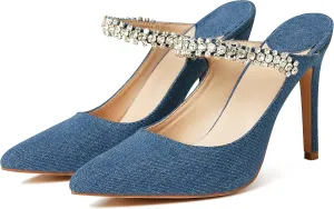 AMINUGAL Womens Rhinestones Strap Heeled Sandals Ankle Strap Pointed Toe Stiletto High Heels Fashion Dress Mules Shoes For Wonen