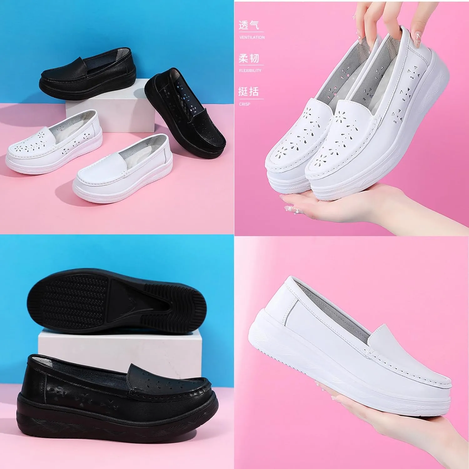 AngryMonkey Women's Leather Orthopedic Nurse Shoes,Lightweight Comfort Breathable Slip-On Wedge Platform Nursing Casual Loafers
