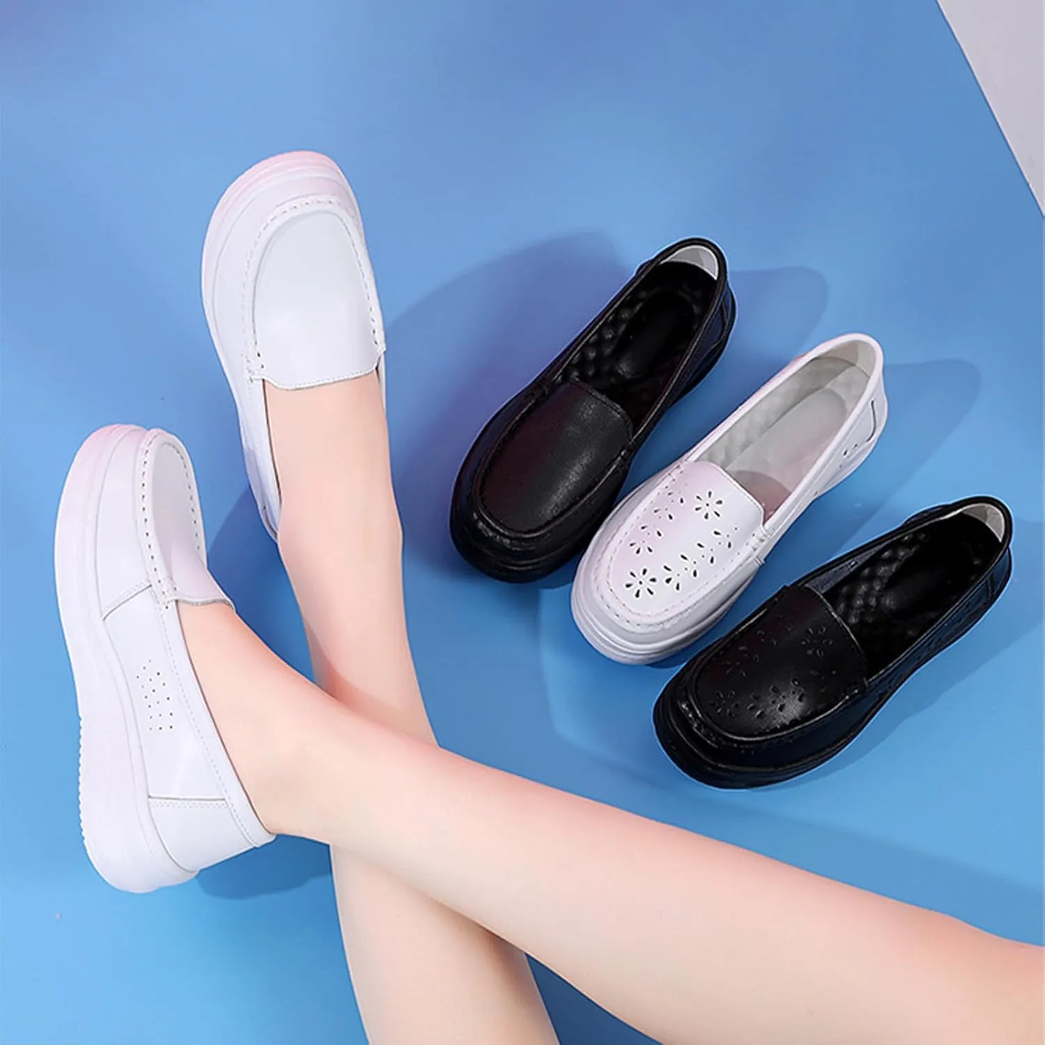 AngryMonkey Women's Leather Orthopedic Nurse Shoes,Lightweight Comfort Breathable Slip-On Wedge Platform Nursing Casual Loafers