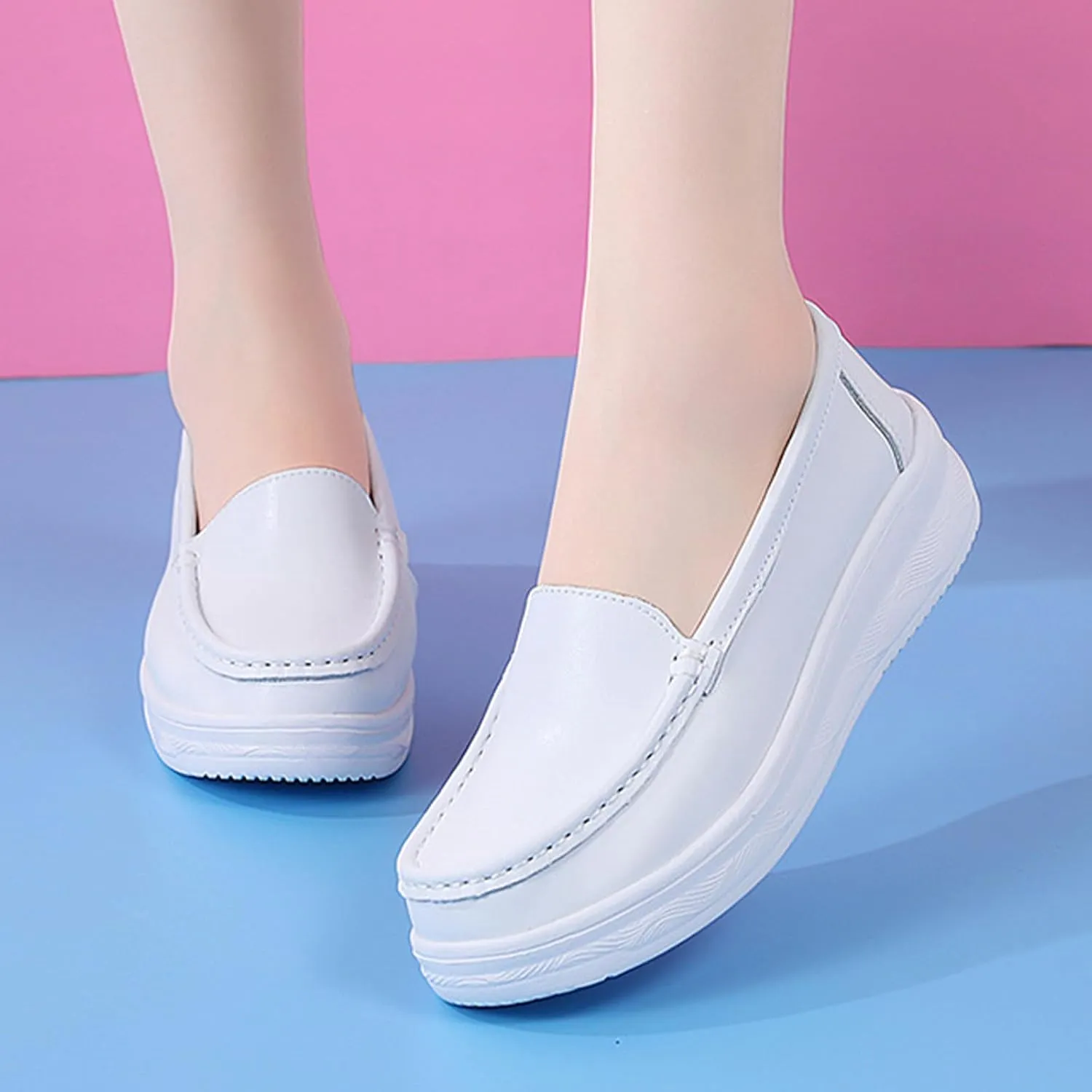 AngryMonkey Women's Leather Orthopedic Nurse Shoes,Lightweight Comfort Breathable Slip-On Wedge Platform Nursing Casual Loafers
