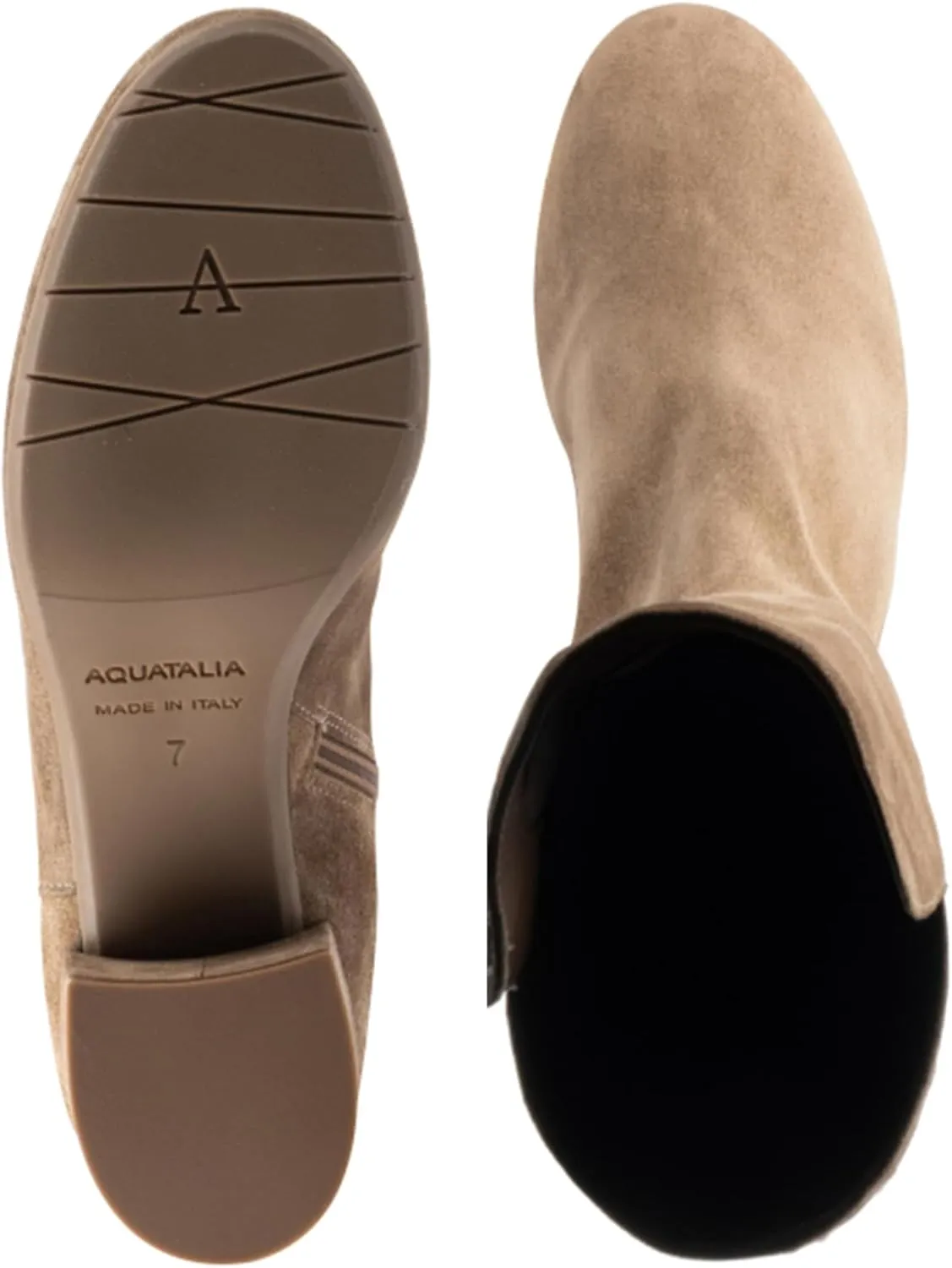 Aquatalia Women's Jasmina Boots, suede upper, fabric lining, round toe, rubber outsole.