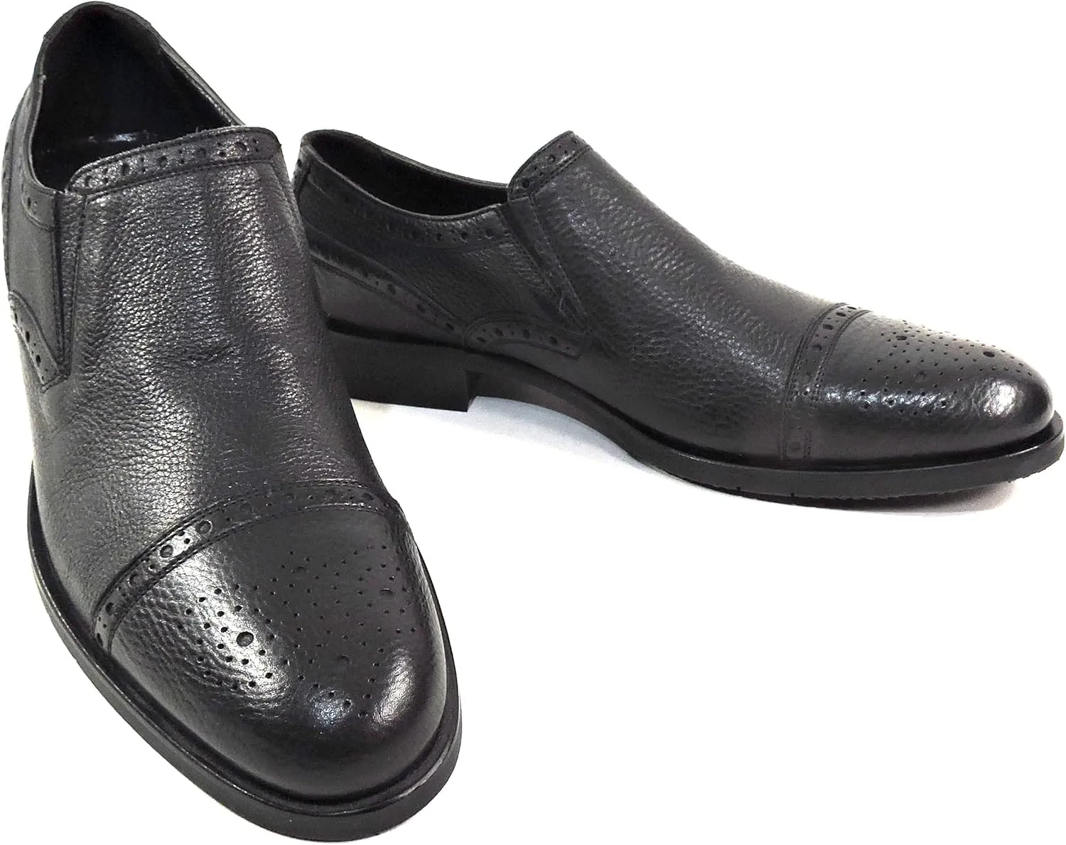 Baldinini Men's Black Leather Slip-On Loafers, Brogue Detail, Comfort Dress Shoes, Size 43.5 EU
