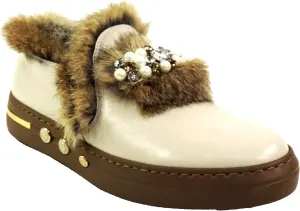 Baldinini Women's Cream Leather Loafers, Fur Trim with Pearl Embellishments, Brown Sole, Size 35 EU