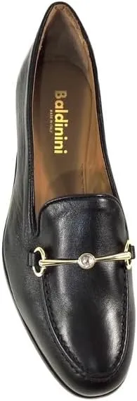 Baldinini Women's Leather Loafers, Black, Gold-Tone Horse Bit Detail, Comfort Slip-On