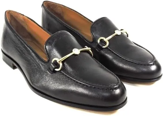 Baldinini Women's Leather Loafers, Black, Gold-Tone Horse Bit Detail, Comfort Slip-On