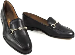Baldinini Women's Leather Loafers, Black, Gold-Tone Horse Bit Detail, Comfort Slip-On