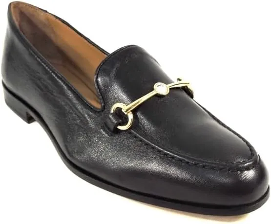 Baldinini Women's Leather Loafers, Black, Gold-Tone Horse Bit Detail, Comfort Slip-On