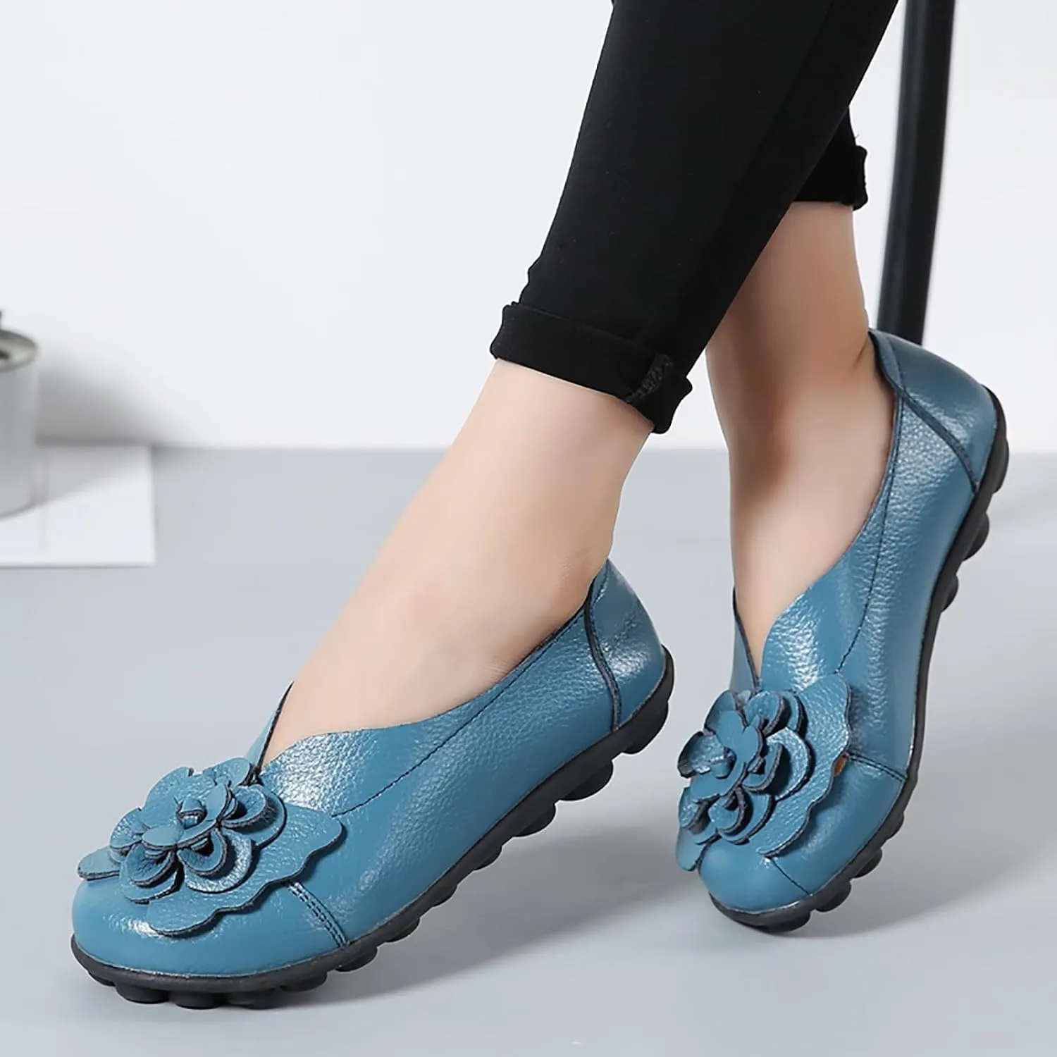Ballet Flats Shoes for Women Flower Trim Round Vamp Shoes Cowhide Casual Slipper Loafers Cushion Slip-Ons Lightweight Footwear Summer Driving Comfortable Loafers 2025