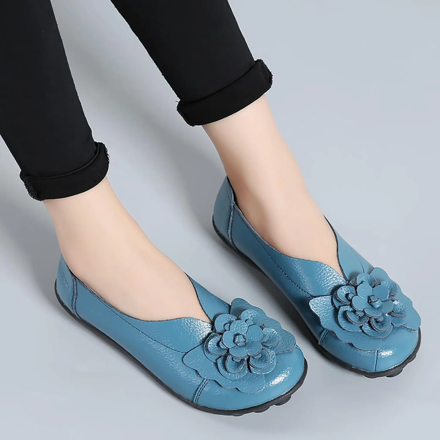 Ballet Flats Shoes for Women Flower Trim Round Vamp Shoes Cowhide Casual Slipper Loafers Cushion Slip-Ons Lightweight Footwear Summer Driving Comfortable Loafers 2025
