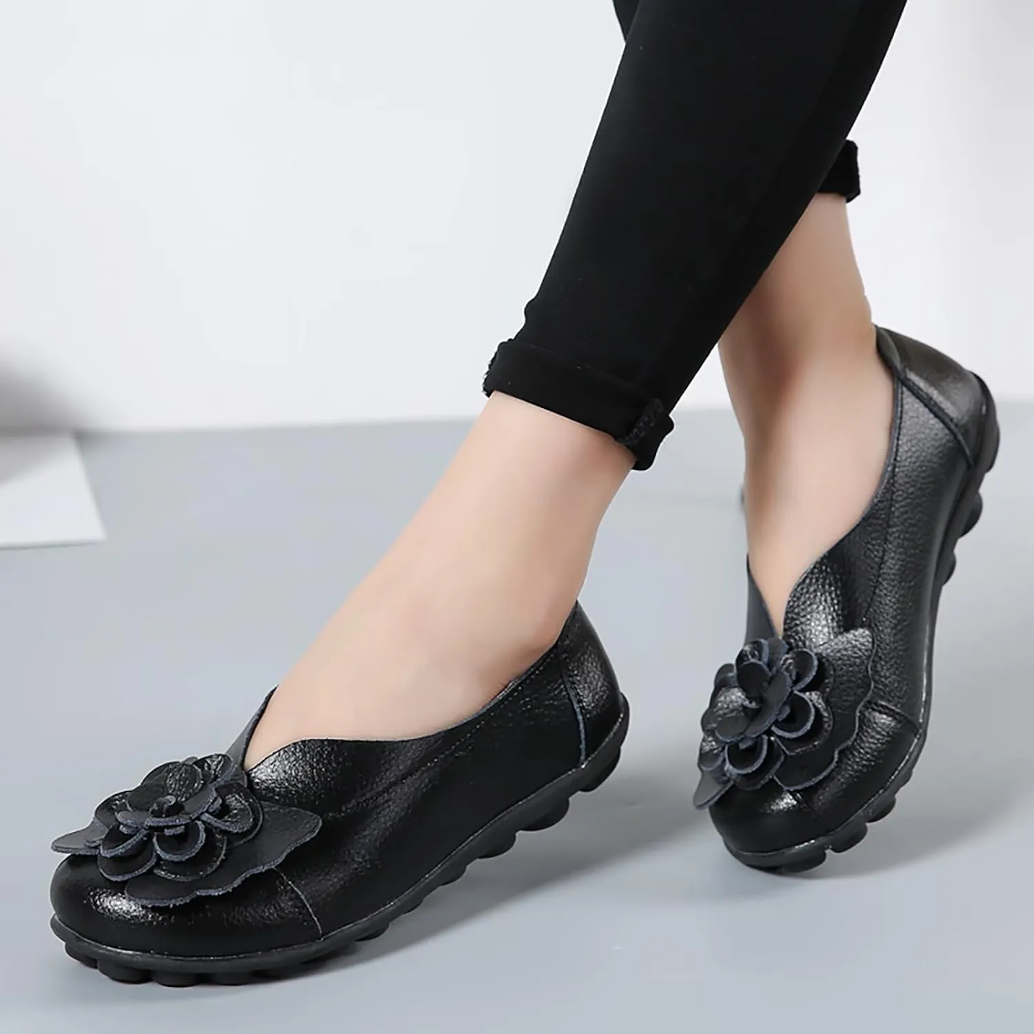 Ballet Flats Shoes for Women Flower Trim Round Vamp Shoes Cowhide Casual Slipper Loafers Cushion Slip-Ons Lightweight Footwear Summer Driving Comfortable Loafers 2025