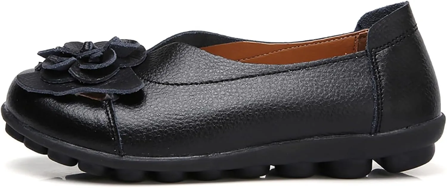 Ballet Flats Shoes for Women Flower Trim Round Vamp Shoes Cowhide Casual Slipper Loafers Cushion Slip-Ons Lightweight Footwear Summer Driving Comfortable Loafers 2025
