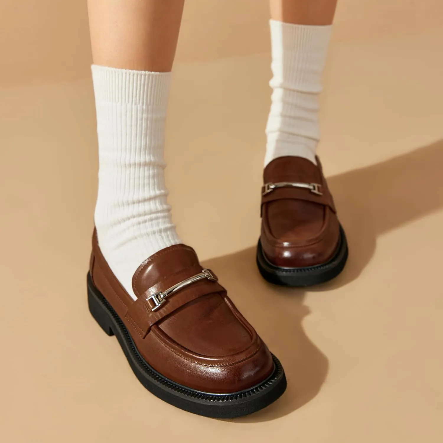 BEAU TODAY Leather Loafers Women, Slip On Penny Loafers for Women Casual Shoes, Chunky Platform Comfortable Business Office Ladies Dress Shoes with Metal Buckle