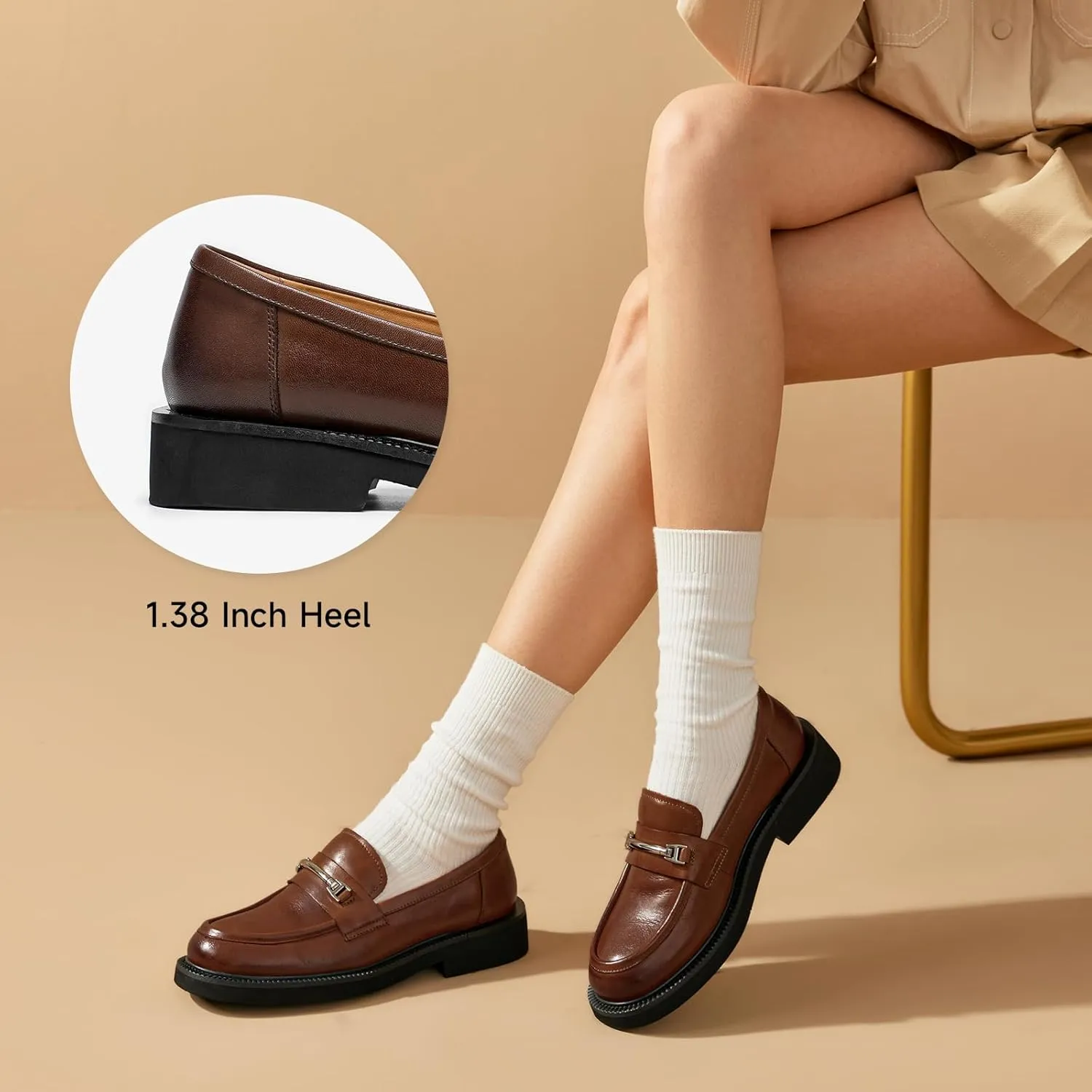 BEAU TODAY Leather Loafers Women, Slip On Penny Loafers for Women Casual Shoes, Chunky Platform Comfortable Business Office Ladies Dress Shoes with Metal Buckle
