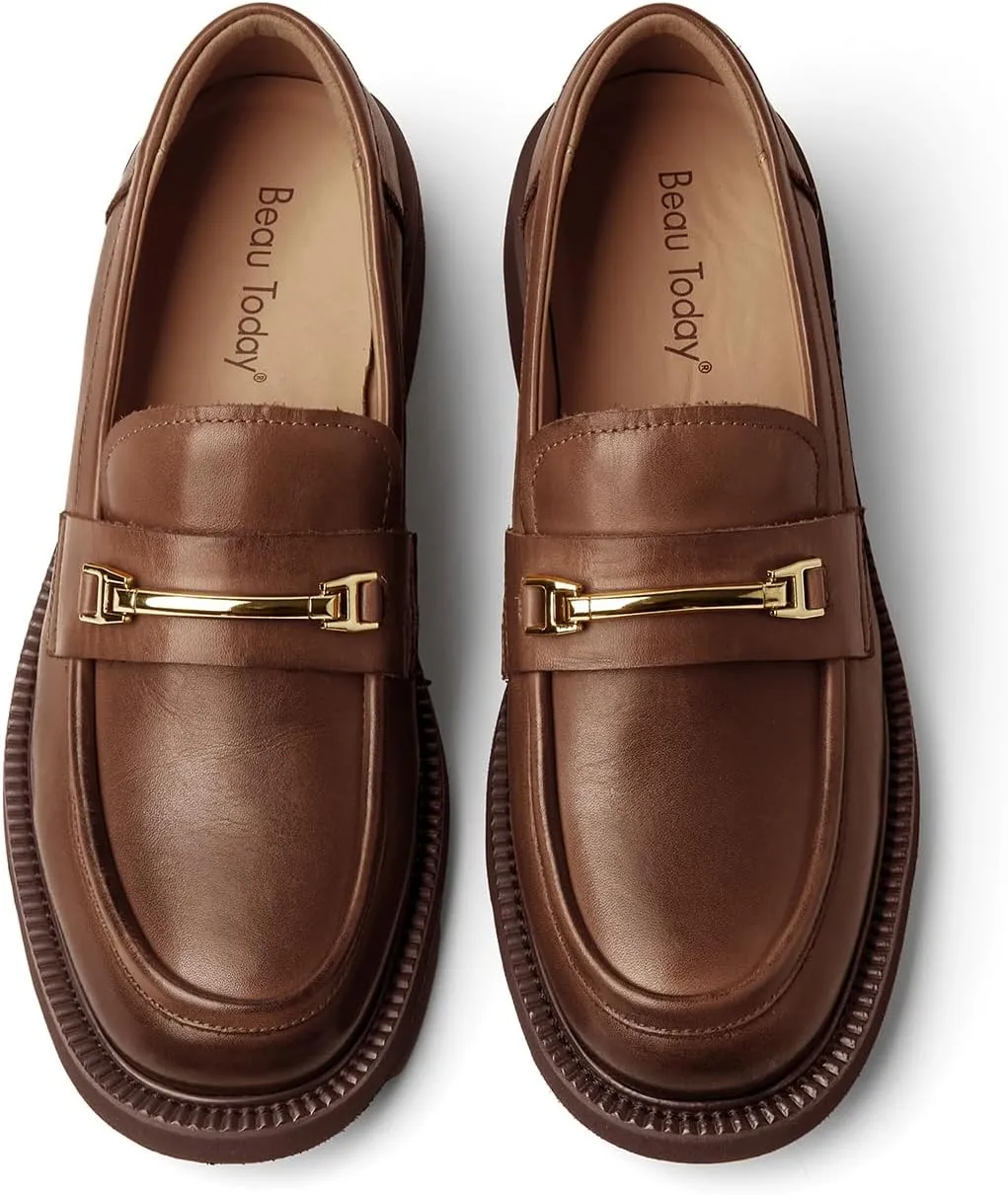 BEAU TODAY Leather Loafers Women, Slip On Penny Loafers for Women Casual Shoes, Chunky Platform Comfortable Business Office Ladies Dress Shoes with Metal Buckle