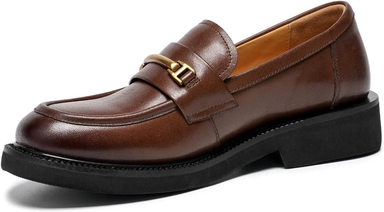 BEAU TODAY Leather Loafers Women, Slip On Penny Loafers for Women Casual Shoes, Chunky Platform Comfortable Business Office Ladies Dress Shoes with Metal Buckle