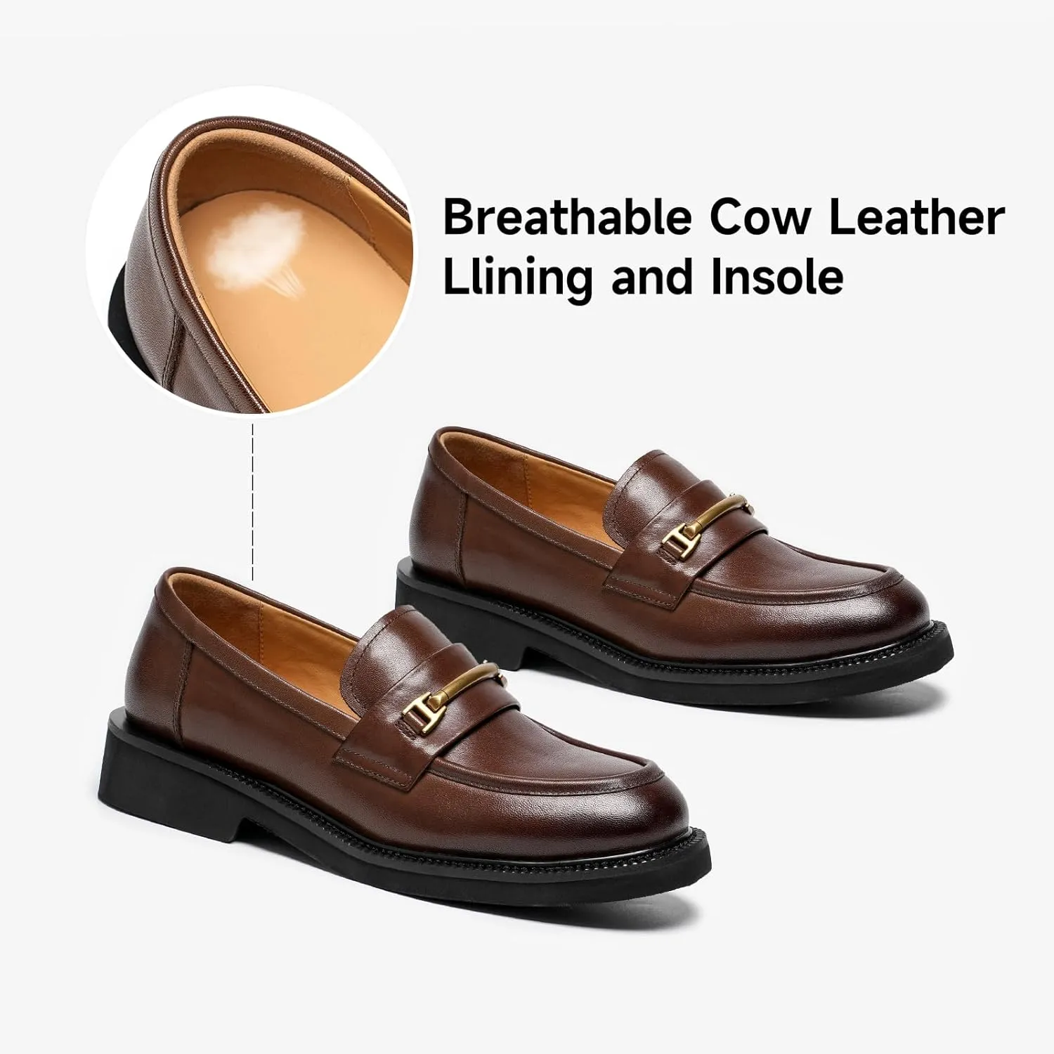 BEAU TODAY Leather Loafers Women, Slip On Penny Loafers for Women Casual Shoes, Chunky Platform Comfortable Business Office Ladies Dress Shoes with Metal Buckle