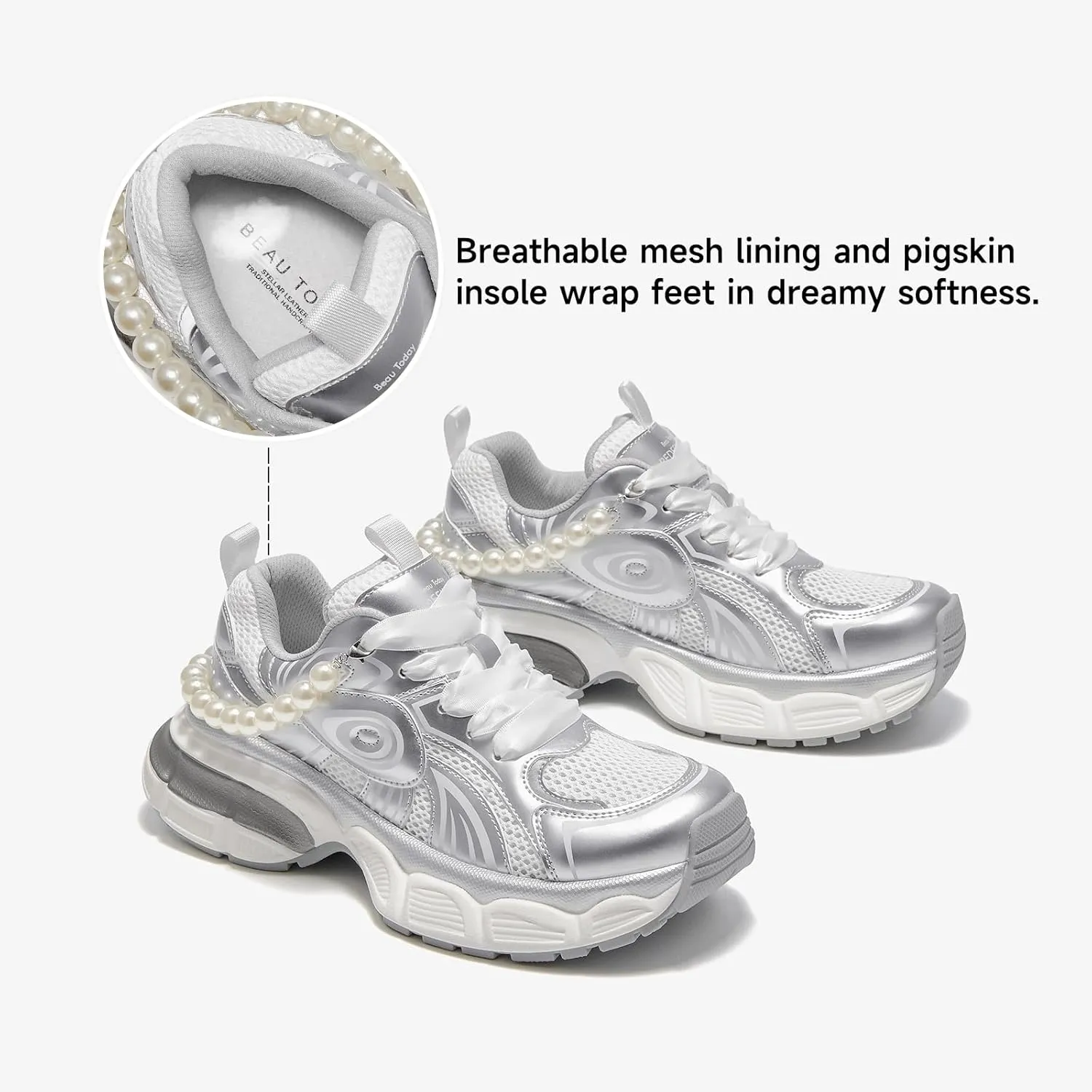 BEAU TODAY Womens Platform Fashion Sneakers, Chunky Wide Sneakers for Women, Leather Lace-up Breathable Walking Shoes for Women, Comfortable Casual Workout Athletic Tennis Shoes