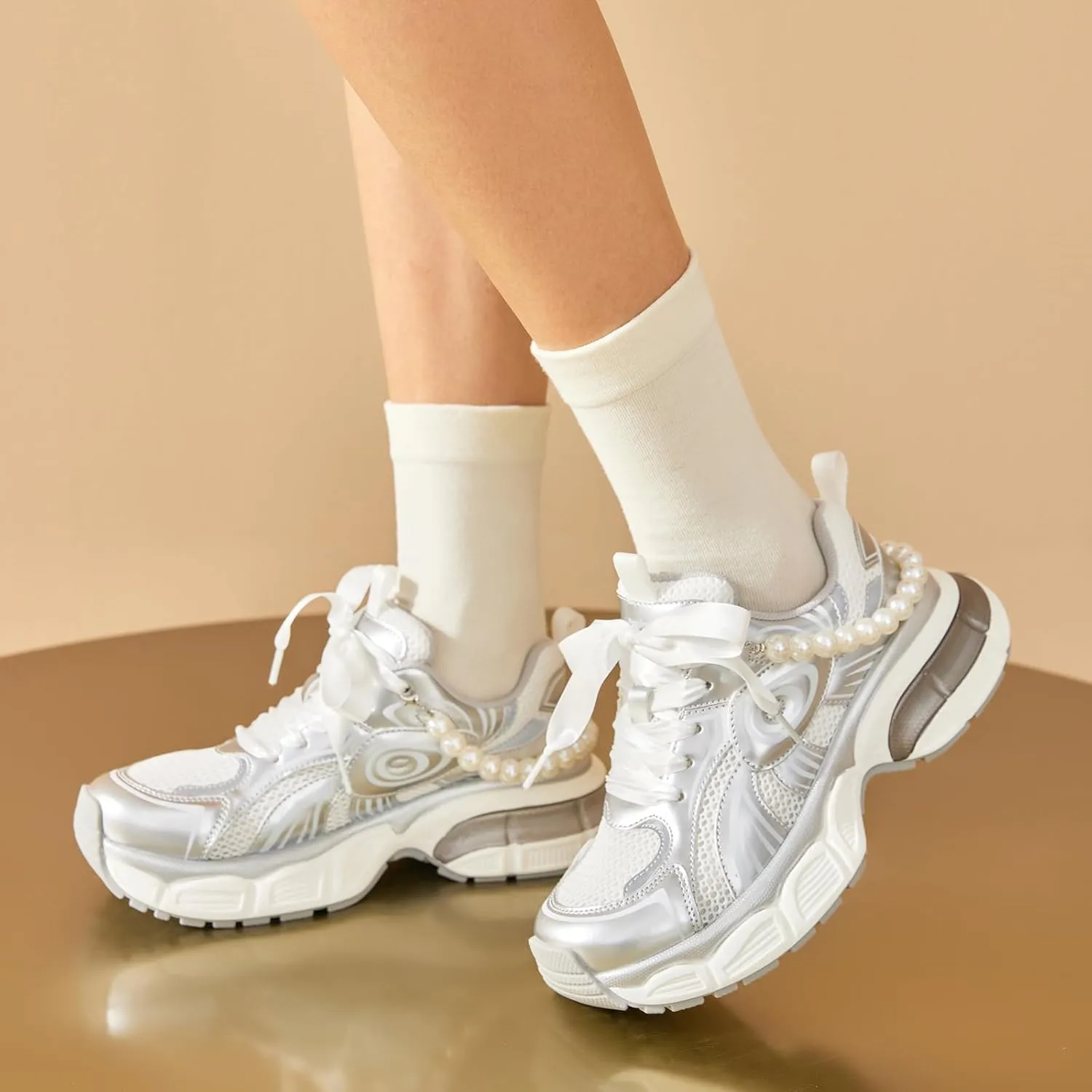 BEAU TODAY Womens Platform Fashion Sneakers, Chunky Wide Sneakers for Women, Leather Lace-up Breathable Walking Shoes for Women, Comfortable Casual Workout Athletic Tennis Shoes
