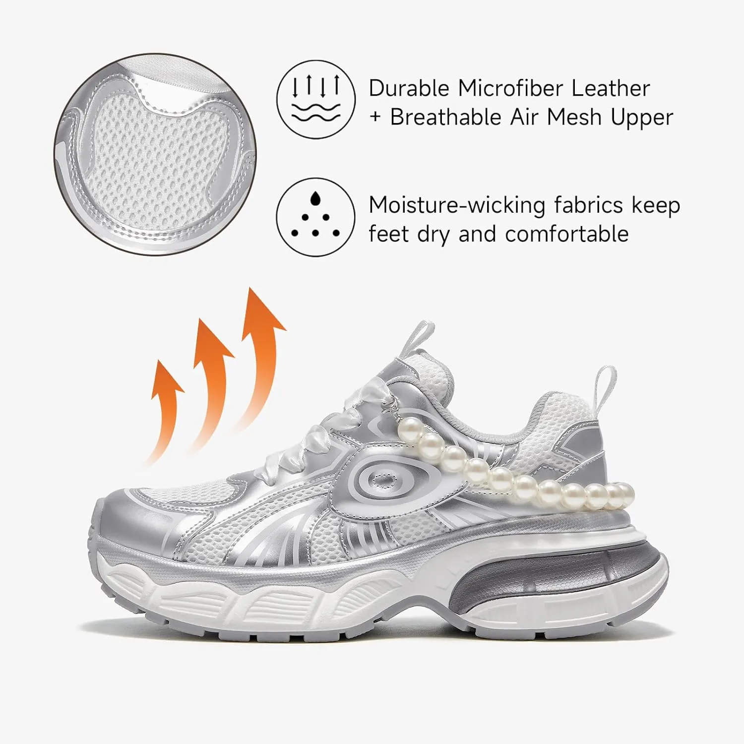 BEAU TODAY Womens Platform Fashion Sneakers, Chunky Wide Sneakers for Women, Leather Lace-up Breathable Walking Shoes for Women, Comfortable Casual Workout Athletic Tennis Shoes