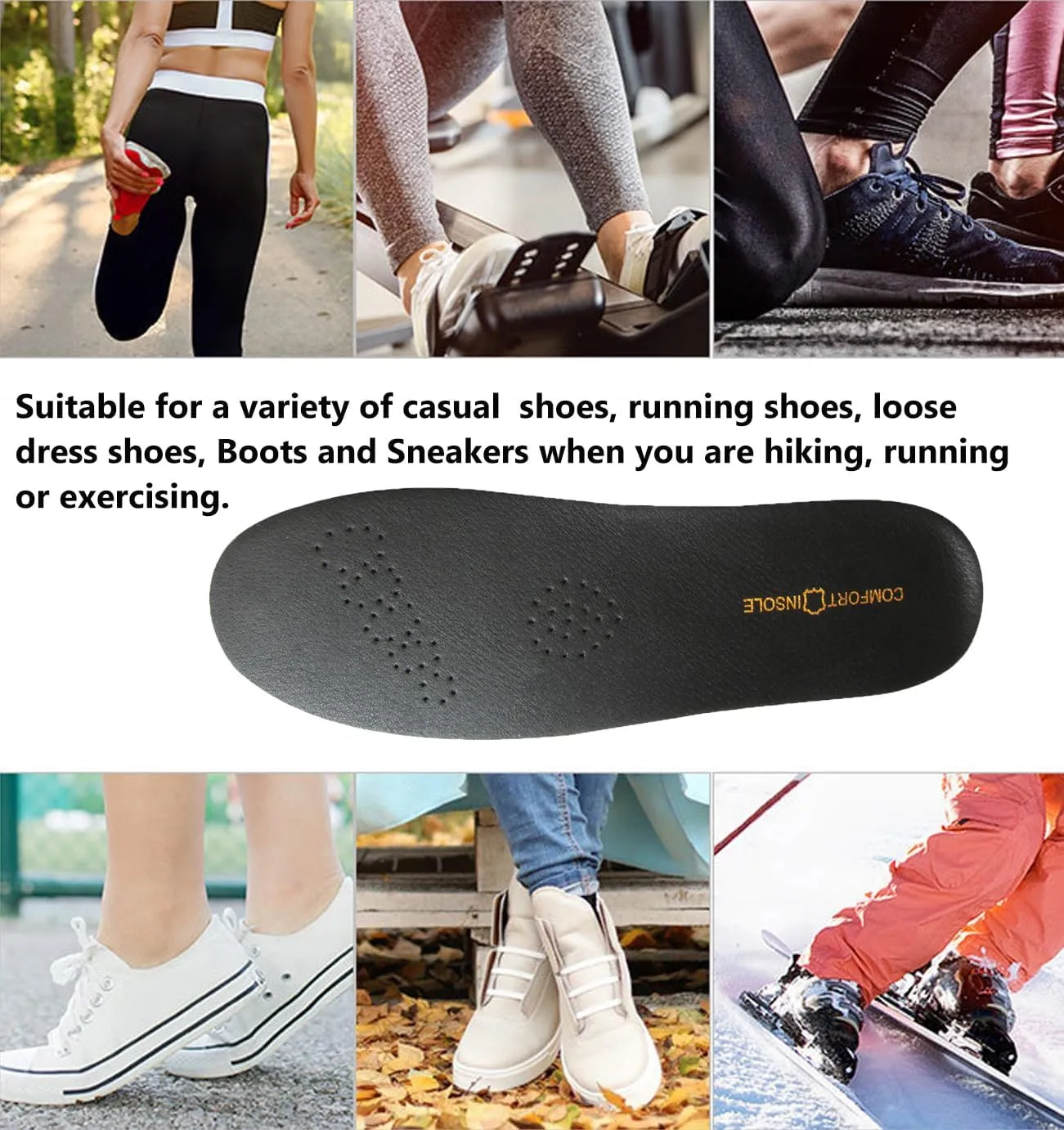 Black Real Leather Shoe Insoles for Men Thick Leather Insert for Women Sneakers and Loafers Shoes Liners Pads for All Day Comfort Walking and Standing Fatigues