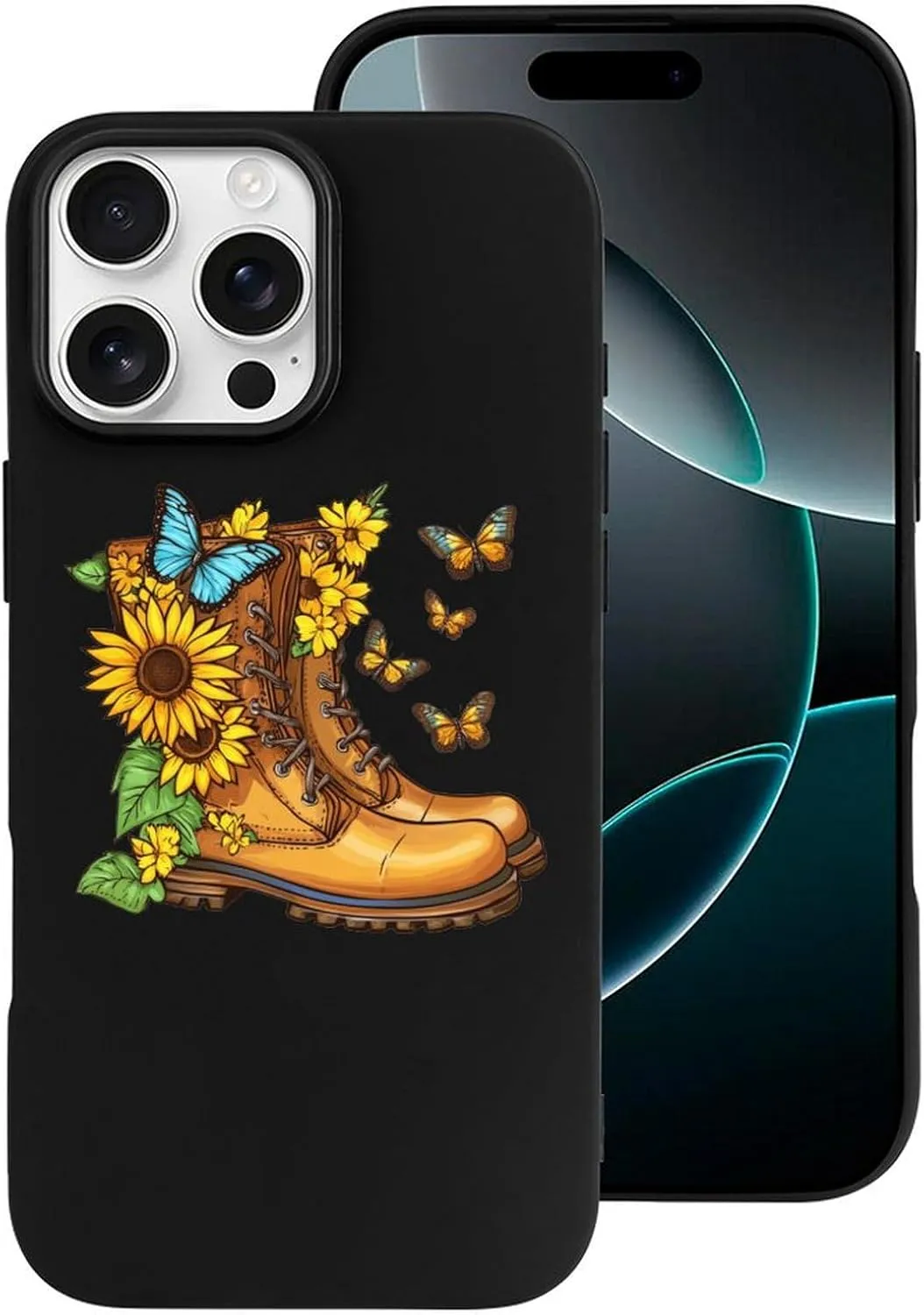Boots Butterfly Sunflower Flowers TPU Phone Case Slim Protective Cover Case Compatible with iPhone 16/Plus/Pro/Pro Max/E