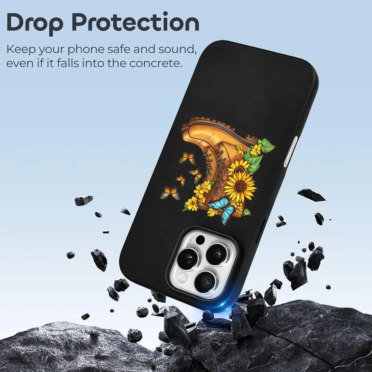Boots Butterfly Sunflower Flowers TPU Phone Case Slim Protective Cover Case Compatible with iPhone 16/Plus/Pro/Pro Max/E