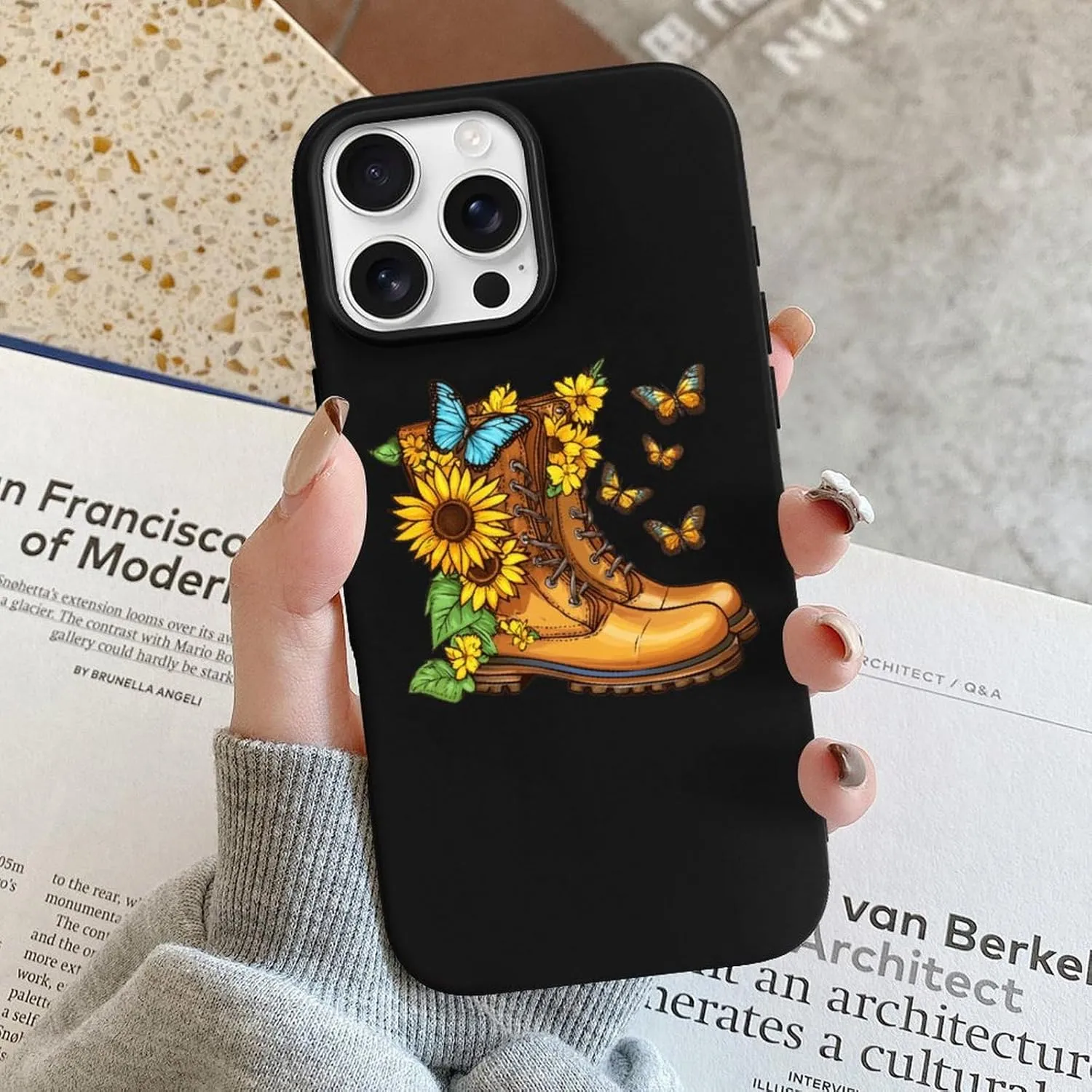 Boots Butterfly Sunflower Flowers TPU Phone Case Slim Protective Cover Case Compatible with iPhone 16/Plus/Pro/Pro Max/E