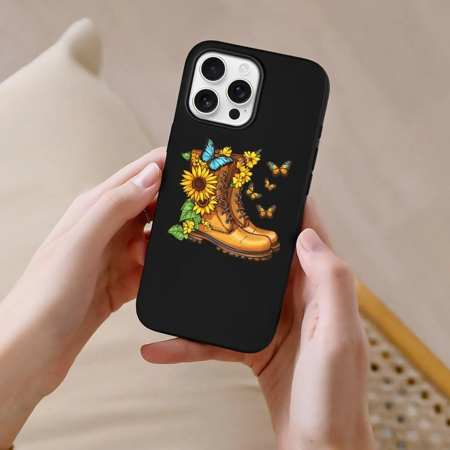 Boots Butterfly Sunflower Flowers TPU Phone Case Slim Protective Cover Case Compatible with iPhone 16/Plus/Pro/Pro Max/E