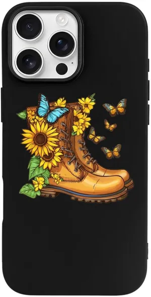 Boots Butterfly Sunflower Flowers TPU Phone Case Slim Protective Cover Case Compatible with iPhone 16/Plus/Pro/Pro Max/E