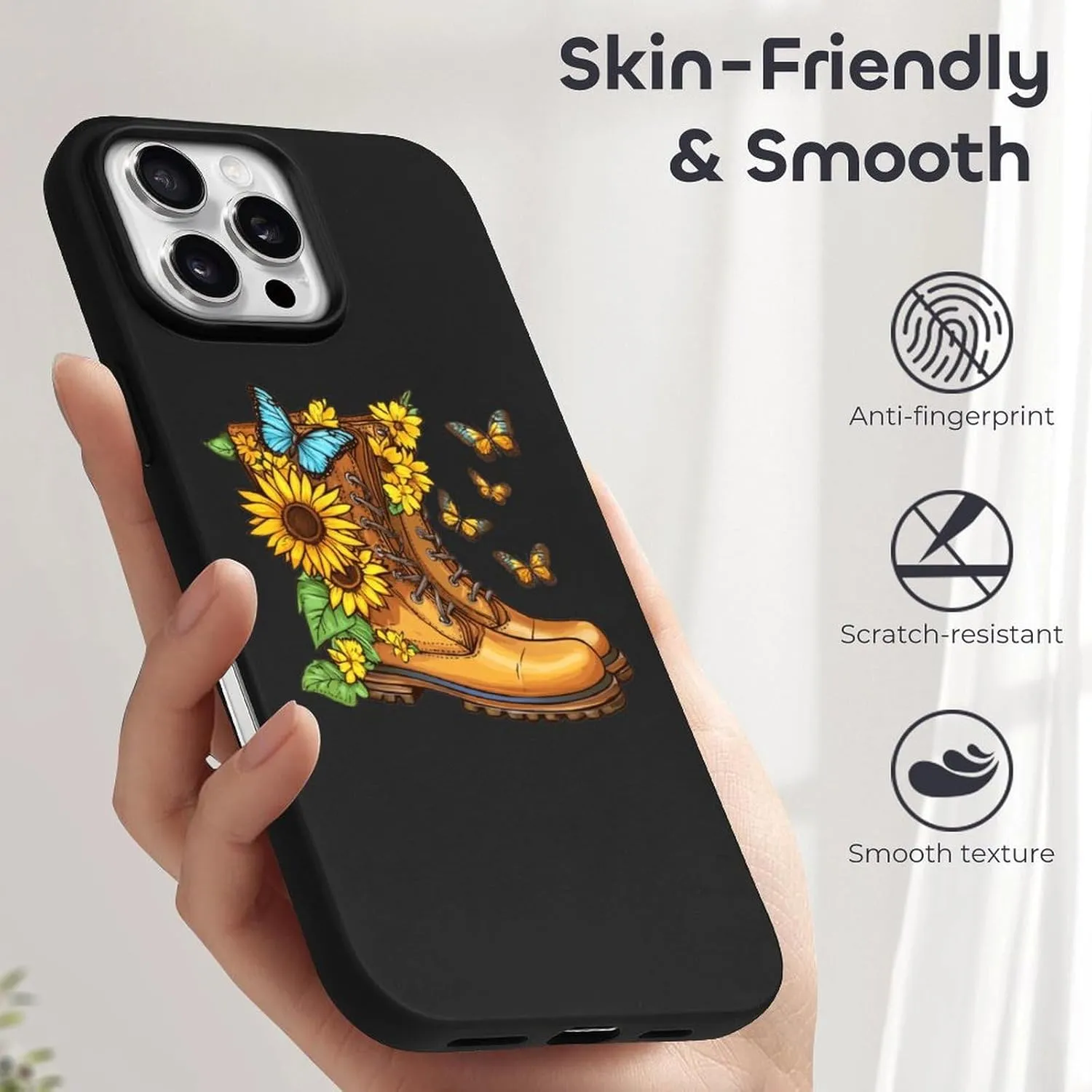 Boots Butterfly Sunflower Flowers TPU Phone Case Slim Protective Cover Case Compatible with iPhone 16/Plus/Pro/Pro Max/E