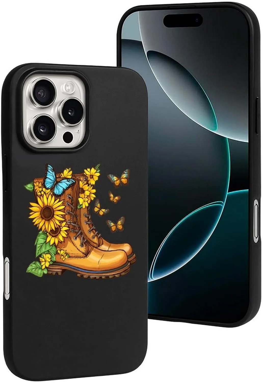 Boots Butterfly Sunflower Flowers TPU Phone Case Slim Protective Cover Case Compatible with iPhone 16/Plus/Pro/Pro Max/E
