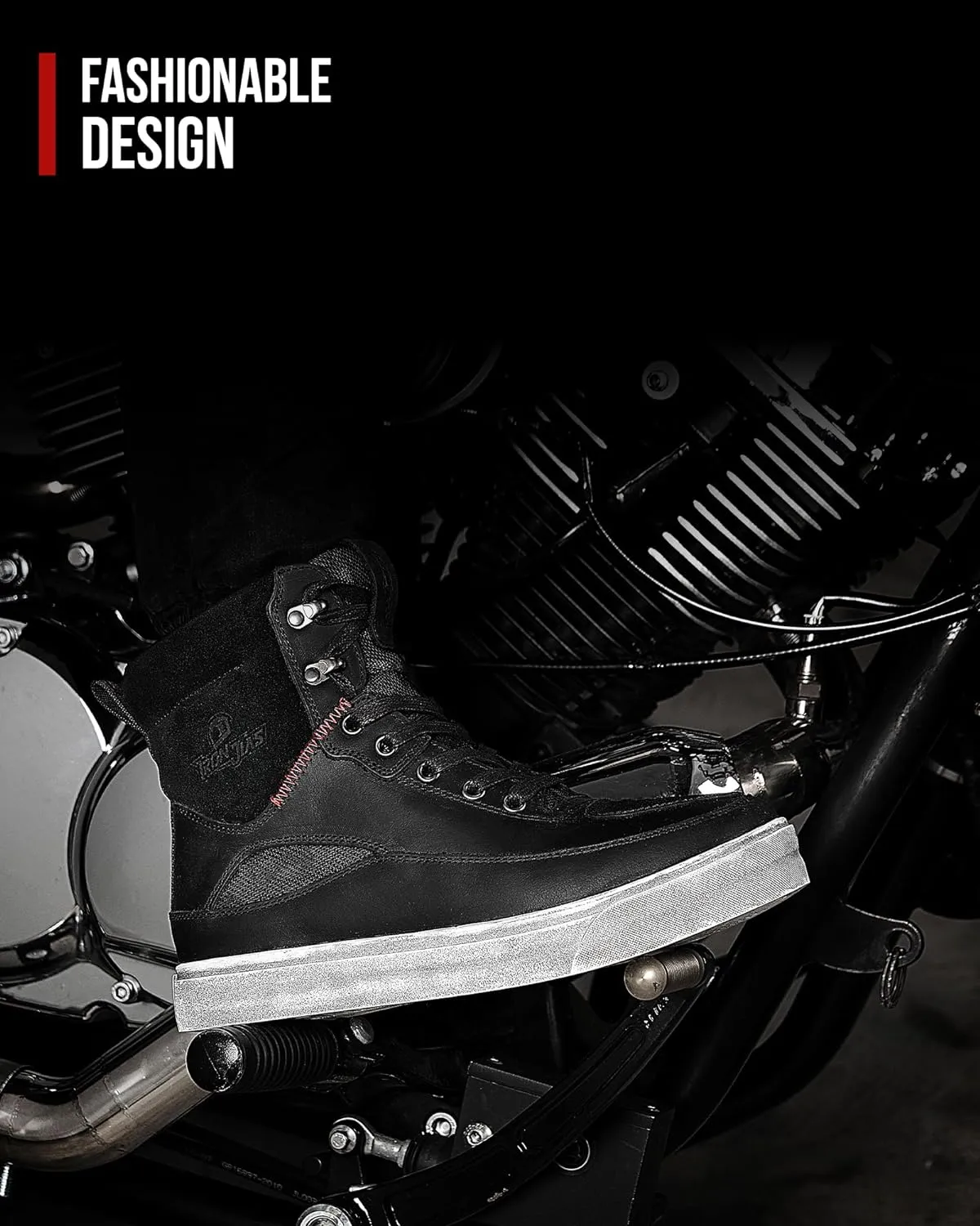 BORLENI Cowhide Leather Motorcycle Shoes for Men- Reinforced Street Waterproof Motorcycle Riding Boots with Side Zipper Ankle Support, Anti-Slip Sole Casual Breathable Powersports Shoes Black 10